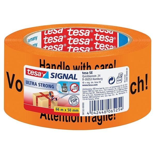 Tesa orange warning tape fragile handle with care, 50mm x 66m 581320 202257 - 1