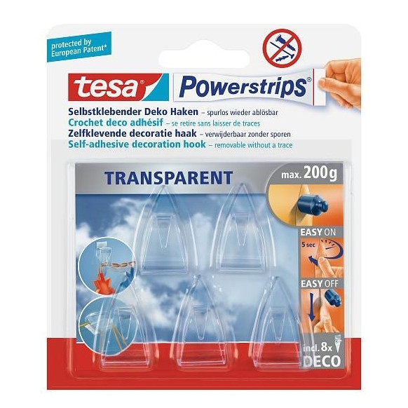 Tesa transparent self-adhesive UV resistant hook, 0.2 kg (5-strips) 58900-00013-20 58900-13 202353 - 1