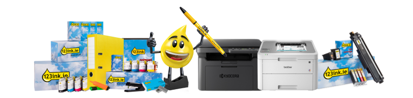 Mascot Droppie with various office items